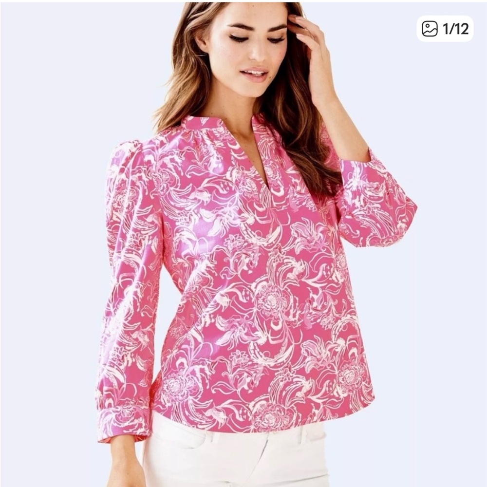 Lilly Pulitzer x Goop Hotty Pink & White Printed Blouse